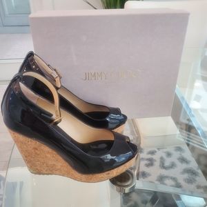 Jimmy Choo patent platform wedge heels black cork size 37